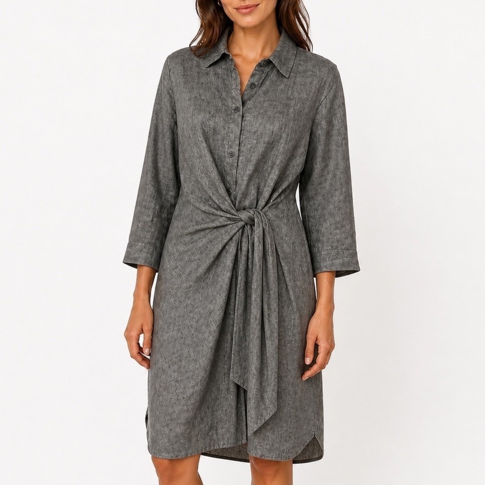 ILEENgirl Button Front Shirt Dress Gray  Tie Waist 3/4 Sleeve Lightweight NWOT